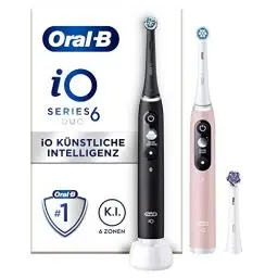 Produktbild: Oral-B iO Series 6 Elektrische Zahnbürste/Electric Toothbrush, Doppelpack & 3 Aufsteckbürsten, 5 Putzmodi für Zahnpflege, Magnet-Technologie, Display, Designed by Braun, black lava/pink sand