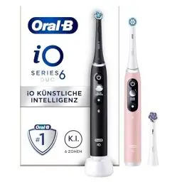 Produktbild: Oral-B iO Series 6 Elektrische Zahnbürste/Electric Toothbrush, Doppelpack & 3 Aufsteckbürsten, 5 Putzmodi für Zahnpflege, Magnet-Technologie, Display, Designed by Braun, black lava/pink sand