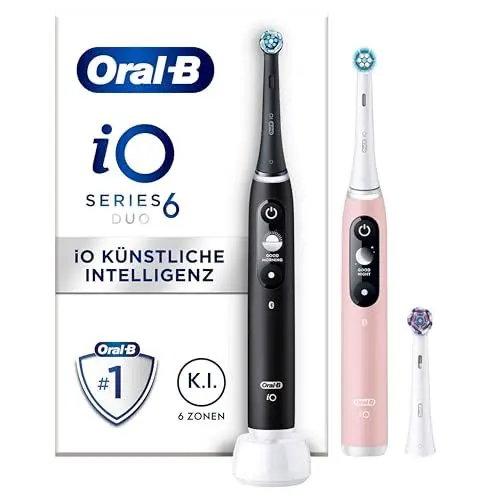 Produktbild: Oral-B iO Series 6 Elektrische Zahnbürste/Electric Toothbrush, Doppelpack & 3 Aufsteckbürsten, 5 Putzmodi für Zahnpflege, Magnet-Technologie, Display, Designed by Braun, black lava/pink sand
