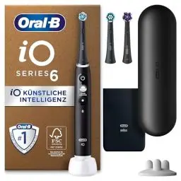 Produktbild: Oral-B iO Series 6 Plus Edition Elektrische Zahnbürste/Electric Toothbrush, PLUS 3 Aufsteckbürsten, 5 Putzmodi für Zahnpflege, Reiseetui, Designed by Braun, Schwarz