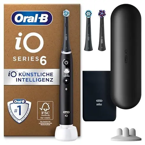 Produktbild: Oral-B iO Series 6 Plus Edition Elektrische Zahnbürste/Electric Toothbrush, PLUS 3 Aufsteckbürsten, 5 Putzmodi für Zahnpflege, Reiseetui, Designed by Braun, Schwarz