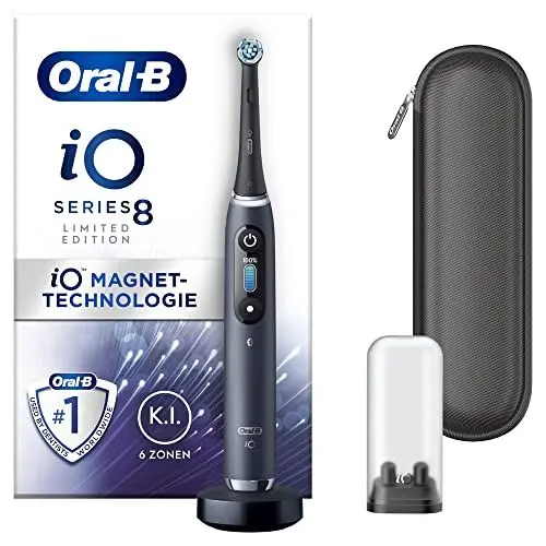 Produktbild: Oral-B iO Series 8 Elektrische Zahnbürste/Electric Toothbrush, 6 Putzmodi für Zahnpflege, Magnet-Technologie, Farbdisplay & Reiseetui, Limited Edition, Valentinstagsgeschenk für Ihn/Sie, black onyx