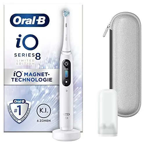 Produktbild: Oral-B iO Series 8 Elektrische Zahnbürste/Electric Toothbrush, 6 Putzmodi für Zahnpflege, Magnet-Technologie, Farbdisplay & Reiseetui, Limited Edition, white alabaster