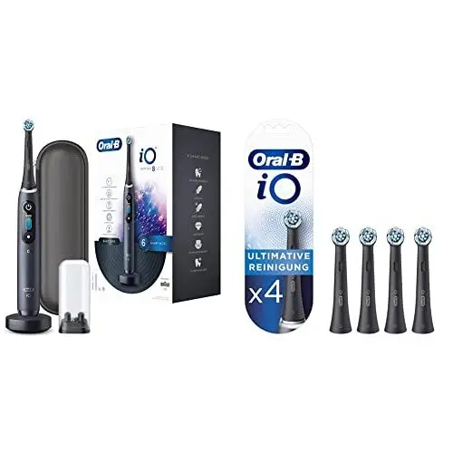 Produktbild: Oral-B iO Series 8 Elektrische Zahnbürste, black onyx & iO Ultimative Reinigung Aufsteckbürsten für elektrische Zahnbürste, 4 Stück, ultimative Zahnreinigung mit iO Technologie, schwarz