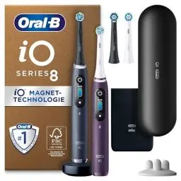 Produktbild: Oral-B iO Series 8 Plus Edition Elektrische Zahnbürste/Electric Toothbrush, Doppelpack +3 Aufsteckbürsten inkl. Whitening + Magnet-Etui, 6 Putzmodi, Designed by Braun, Geschenk Mann/Frau, Black/Violet