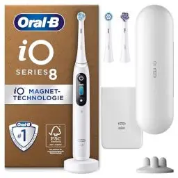 Produktbild: Oral-B iO Series 8 Plus Edition Elektrische Zahnbürste/Electric Toothbrush, PLUS 3 Aufsteckbürsten, 6 Putzmodi für Zahnpflege, Reiseetui, Designed by Braun, white alabaster