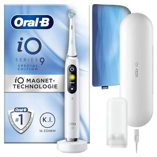 Produktbild: Oral-B iO Series 9 Elektrische Zahnbürste/Electric Toothbrush, 7 Putzmodi, Zahnpflege, Farbdisplay, Lade-Reiseetui & Beauty-Tasche, Special Edition, white alabaster