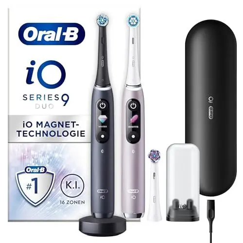 Produktbild: Oral-B iO Series 9 Elektrische Zahnbürste/Electric Toothbrush, Doppelpack +3 Aufsteckbürsten, 7 Putzmodi, Magnet-Technologie & 3D-Analyse, Farbdisplay, Lade-Reiseetui, Designed by Braun, Black/ Rose
