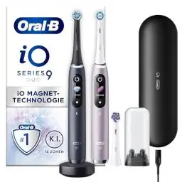 Produktbild: Oral-B iO Series 9 Elektrische Zahnbürste/Electric Toothbrush, Doppelpack & 3 Aufsteckbürsten, 7 Putzmodi, Magnet-Technologie & 3D-Analyse, Farbdisplay, Lade-Reiseetui, black onyx/rose quartz