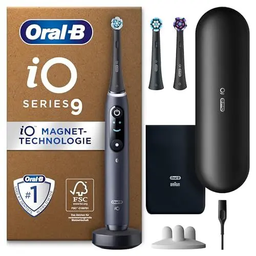 Produktbild: Oral-B iO Series 9 Plus Edition Elektrische Zahnbürste/Electric Toothbrush, PLUS 3 Aufsteckbürsten inkl. Whitening, Magnet-Etui, 7 Putzmodi, Geschenk Mann/Frau, Designed by Braun, black