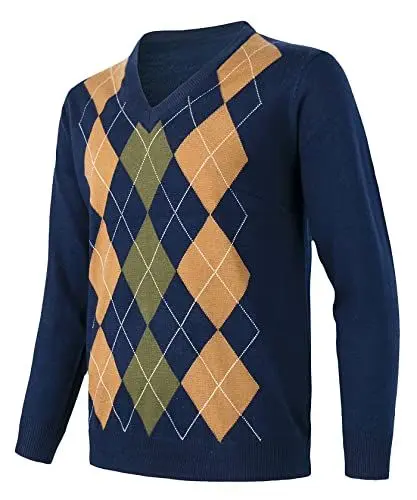 Produktbild: Oralidera Herren Pullover mit V-Ausschnitt, Argyle-Stil, Strickpullover, langärmelig, lässig, Wollmischung, Strickpullover, schmale Passform, blau, Small