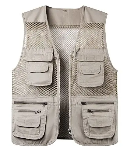 Produktbild: Oralidera Sommer Aermellose weste Herren Anglerweste Baumwolle Funktionsweste mit Vielen Taschen Journalist Fotoweste Leicht Wanderweste Trainingsweste Jagdweste Reisewesten Netzweste, Beige, XL