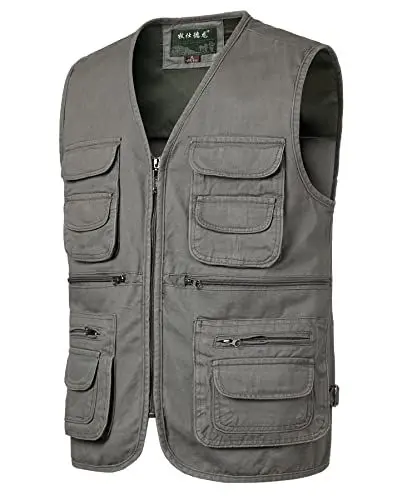 Produktbild: Oralidera Wandern Fotografenweste Gartenarbeit Campingweste Multi-Pocket Arbeitsweste Sommer Baumwolle Ärmellose Jacke Herren Angler Reise Utility Weste, Grau, L