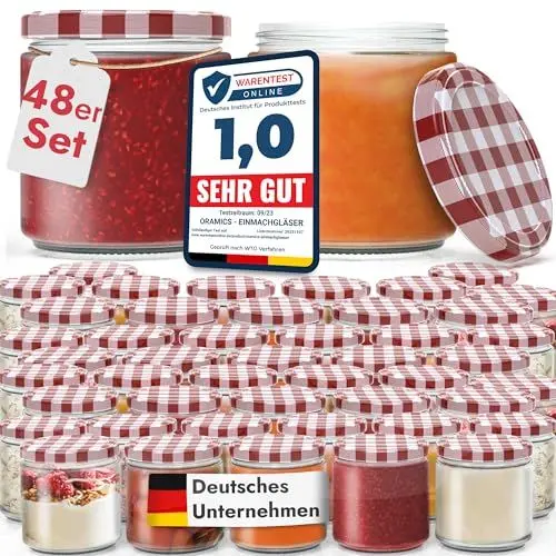 Produktbild: Oramics Einmachgläser 48 Stück mit Schraubdeckel 330 ml TO Ø 82mm Vorratsgläser Sturzgläser Set zum Einkochen, Konservieren und Servieren als Dessertgläser – Marmeladengläser, Aufbewahrungsgläser
