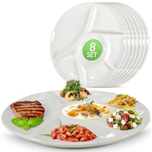 Produktbild: Oramics Fondueteller Porzellan Fondue Teller mit Unterteilung 23 cm rund weiß - Racletteteller Grillteller Snackteller mit Fächern - BBQ Raclette Menüteller Servierteller mit 6 Einteilungen (8er Set)