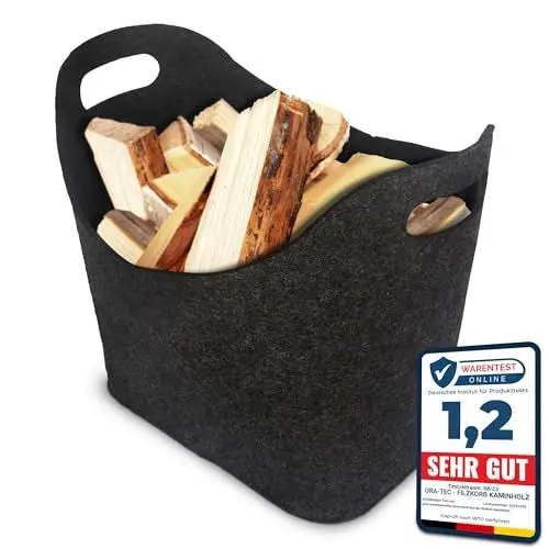 Produktbild: ORA-TEC Filzkorb für Kaminholz Kaminholzkorb – 45 x 24 x 40 cm – Kaminholztasche für Feuer-, Kamin- und Brennholz, Allzweckkorb aus Filz, Filztasche (Schwarz)