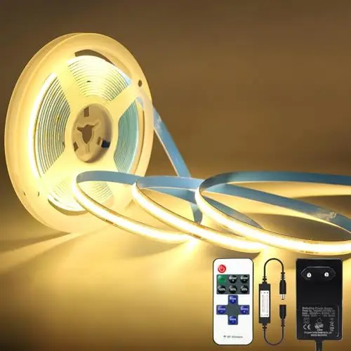 Produktbild: Oraymin COB LED Streifen 5M Warmweiß 3000K, LED Stripe Dimmbar 24V Flexibles COB LED Streifen Licht set, 480LEDs/M, GS Netzteil, mit RF Fernbedienung, CRI90+ helles Unterbaulicht für Fernseher