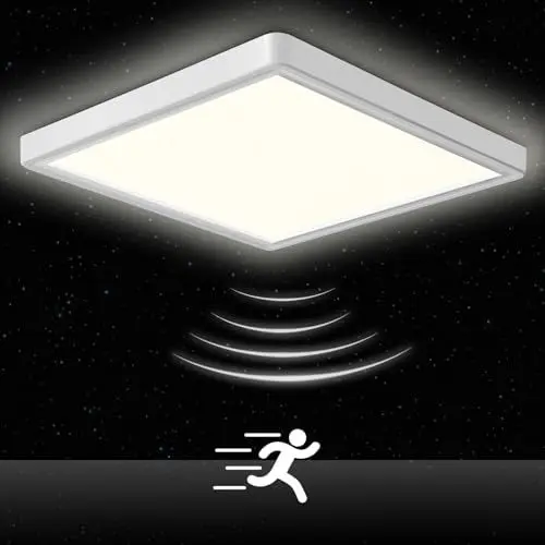 Produktbild: Oraymin LED Deckenleuchte mit Radar Bewegungsmelder, 18W 1800LM 4000K Lampe mit Bewegungsmelder innen, IP44 LED Deckenlampe Flach für Treppe Balkon Flur Keller Garage Carport, 23 * 23 * 2.4cm