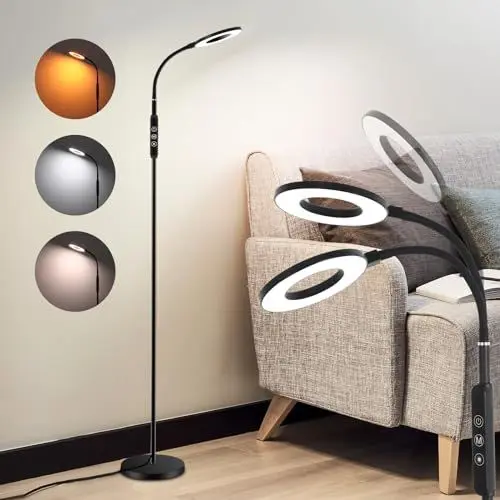 Produktbild: Oraymin LED Stehlampe Wohnzimmer 12W, LED Leselampe Bett mit Fernbedienung, 1H Timer & Memory Funktion, Schwanenhals 360° Verstellbar Stehlampe mit 3 Farbtemperatur, Stehlampen für Schlafzimmer Büro