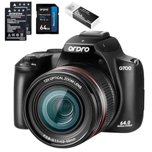 Produktbild: ORDRO G700 4K Ultra HD-Digitalkamera mit optischem Zoom, 64 MP, 3,0-Zoll-Klappbildschirm, AF-Autofokus + MF-Kamera mit manuellem Fokus für Fotografie, Kamera für Vlogging