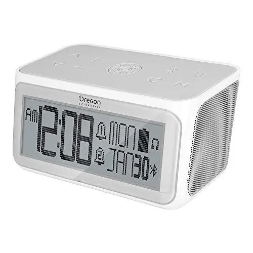 Produktbild: Oregon Scientific Wecker mit Bluetooth-Lautsprecher, zwei Weckzeiten, Uhrzeit, Datum, 3.5mm Kopfhörerausgang und eingebautem Mikrofon zur Nutzung als Freisprecheinrichtung, Groß
