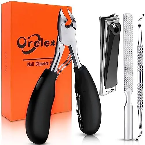 Produktbild: Orelex Profi Fußnagelzange Set, Scharf Nagelzange für Dicken Starke Fußnägel, Edelstahl Pediküre Nagelknipser, Scharfe große Klinge, Weicher Griff, 4 Stück Set Fussnägel Nagelschere für Damen Herren