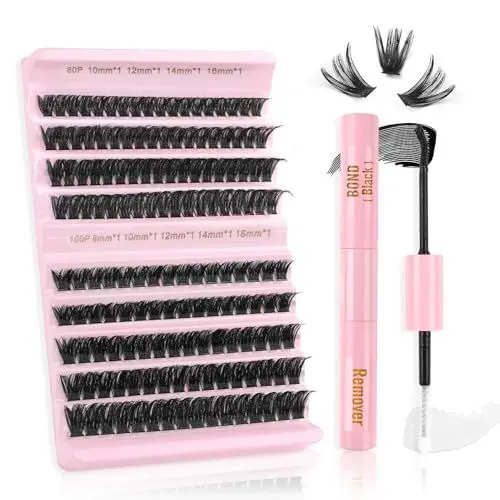 Produktbild: Oreola Einzelne Wimpern Set Cluster Wimpern Set mit Lash Bond&Remover 0,07 C Curl Einzelwimpern 80D+100D Wimperncluster 8–16 mm Wimpernverlängerung wiederverwendbar