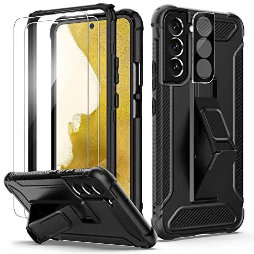Produktbild: ORETECH Kompatibel mit Samsung Galaxy S22 Hülle, mit (2 Stück Schutzfolie, Ständer, 1 Stück Kameraschutz, Vordere und Hintere Hülle) 360 Grad Stoßfest Handyhülle für Galaxy S22 Case 6,1