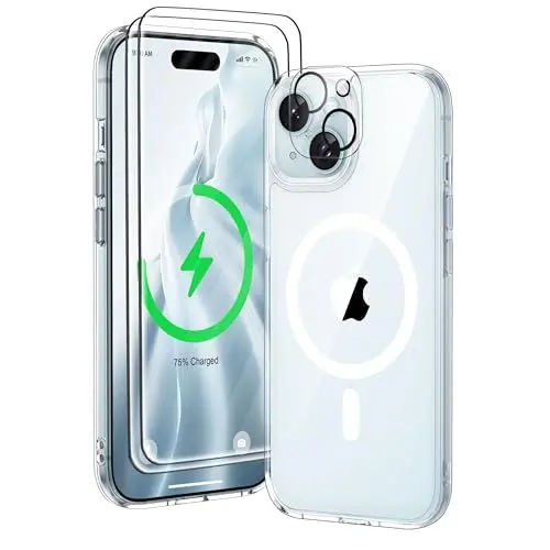 Produktbild: ORETECH Magnetisch für iPhone 15 Hülle mit 2 Schutzfolie+1 Kameraschutz (Kompatibel mit Mag-Safe) Handyhülle iPhone 15, Stoßfest Militärschutz Transparent Schutzhülle für iPhone 15 Case Durchsichtig