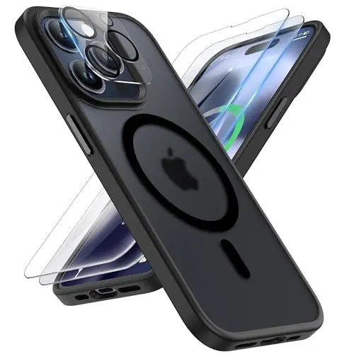 Produktbild: ORETECH Magnetisch für iPhone 15 Pro Max Hülle mit (2 Schutzfolie+1 Kameraschutz)(Kompatibel mit Mag-Safe) Anti-Kratzer Stoßfest Transluzente Rückseite Handyhülle für iPhone 15 Pro Max Schwarz