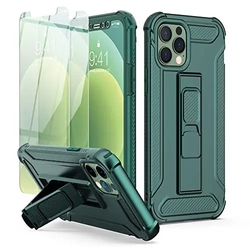 Produktbild: ORETECH für iPhone 12 Hülle, iPhone 12 Pro Hülle, mit (2 Stück Schutzfolie)(Ständer), Handyhülle iPhone 12, Handyhülle iPhone 12 Pro, Stoßfest Schutzhülle Ganzkörperschutz Hülle iPhone 12/12 Pro, Grün