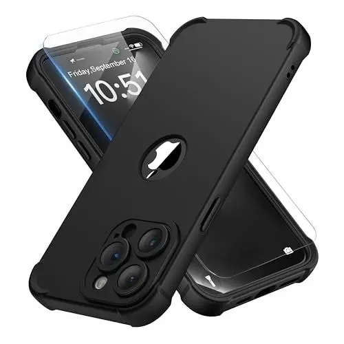 Produktbild: ORETECH für iPhone 14 Pro Hülle, mit (2X Schutzfolie)(Eingebauter Kameraschutz), Handyhülle iPhone 14 Pro, 360 Grad Ganzkörper Schutzhülle Stoßfest Kratzfest Silikon Hülle iPhone 14 Pro Case, Schwarz