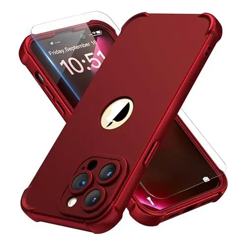 Produktbild: ORETECH für iPhone 14 Pro Hülle, mit 2 Stück Schutzfolie, 360 Grad Ganzkörper Stoßfest Kratzfest Silikon Handyhülle für iPhone 14 Pro 6,1 Zoll, Rot