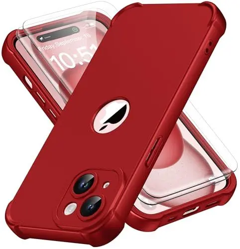 Produktbild: ORETECH für iPhone 15 Hülle, Handyhülle iPhone 15, Hülle iPhone 15, mit (2X Schutzfolie, Vordere und Hintere Hülle)(Lückenloser Kameraschutz) 360 Grad Stoßfest Silikon Schutzhülle iPhone 15 Case, Rot
