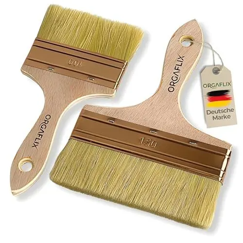 Produktbild: ORGAFLIX Flächenstreicher 150mm + 100mm für Öl, Lacke, Lasur, Beizen, Acryl, Kreidefarbe - Perfekt für große Flächen, Lasurpinsel Holz außen, Ölpinsel Holz, Flachpinsel, Lackpinsel, Pinselset