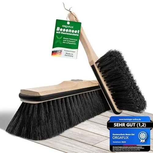Produktbild: ORGAFLIX Premium Besen mit Handfeger ohne Stiel mit Kantenschutz, extra staubbindend durch hochwertige Rosshaarmischung, Zimmerbesen, Kehrbesen ohne Besenstiel, Rosshaarbesen, Made in Germany
