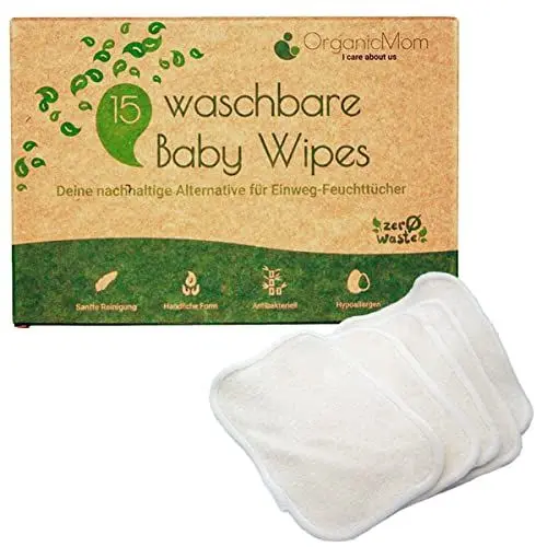Produktbild: OrganicMom® 15 Waschbare Baby Pflegetücher aus Bambus, inkl. Wäschenetz, kuschelweich, nachhaltige waschbare Feuchttücher, Ersatz für Einweg-Feuchttücher, Baby Waschlappen Bambus, Reinigungstücher