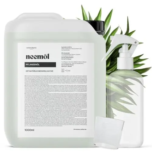 Produktbild: Organisches Neemöl mit natürlichem Emulgator, 1000ml - Gebrauchsfertig, Kaltgepresst, 100% Natürlich, Umweltfreundlich, inkl. Sprühflasche u. Messbecher, Pflanzenpflege für Zimmer- und Gartenpflanzen