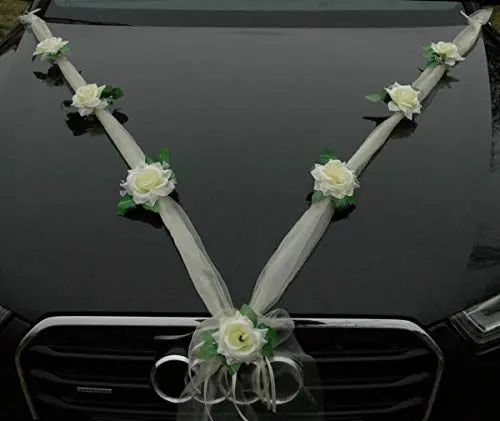 Produktbild: Organza M Auto Schmuck Braut Paar Rose Deko Dekoration Autoschmuck Hochzeit Car Auto Wedding Deko Girlande PKW (Ecru/Weiß)