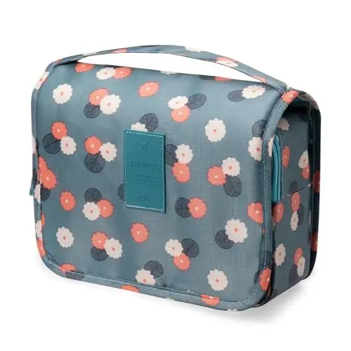 Produktbild: OrgaWise Kulturbeutel zum Aufhängen Kulturtasche Frauen Damen Waschtasche Unisex Kosmetiktasche Reise-Tasche mit Haken für wasserdichte Toiletry Bag, Blau-Daisy
