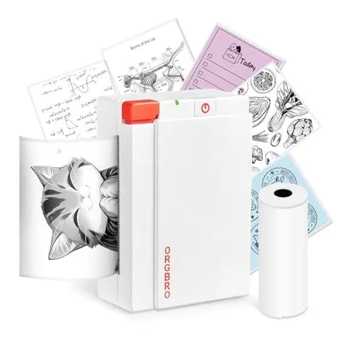 Produktbild: ORGBRO Mini Drucker für Smartphone, X3 Sticker Drucker Bluetooth mit 1 Rolle Aufkleber Papier, 300DPI Mini Printer Etikettendrucker Tragbarer Thermodrucker für Studie Notizen & Fotos, Weiß