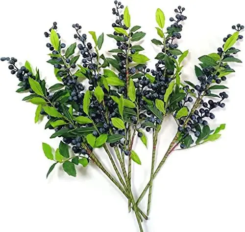 Produktbild: OrgMemory Künstliche Beeren, Blaue Beeren, 6 Stück, je43 cm, Künstliche Beerenstiele, Stiele für Weihnachtsbaum Kranz, Dekorationen, Heimdekoration(Blau mit Blättern)