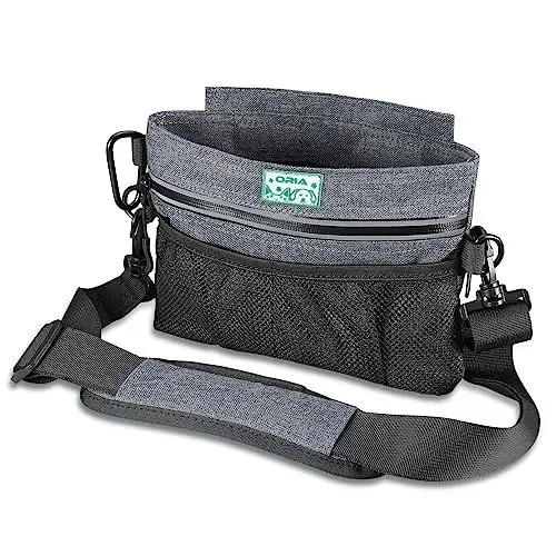 Produktbild: ORIA Futtertasche für Hunde, Tragbar Futtertasche Hundetraining, Magnetverschluss Hundefutterbeutel mit Verstellbarem Gürtel & Kotbeutel Spender, Prämie Trainingsgürteltasche - Grau