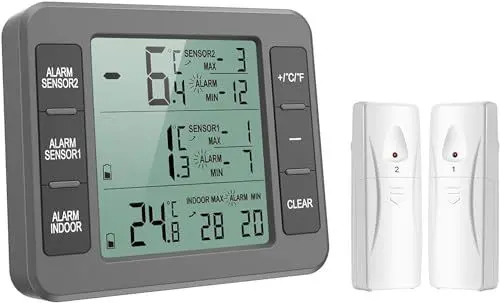 Produktbild: ORIA Kühlschrank Thermometer, Gefrierschrank Thermometer, Innen Außen Thermometer mit 2 Sensoren, Temperatur Alarm Funktion, MIN/MAX, Temperaturtrend - Grau