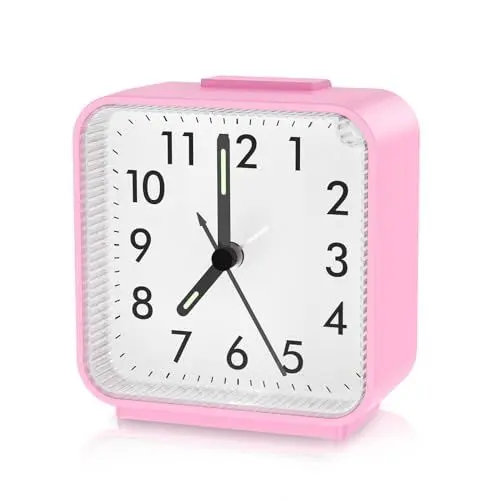 Produktbild: ORIA Zeiger Wecker, Mini Kein Ticken, Tragbar Mit Batteriebetrieben, Nachtlichtfunktion & Leuchtzeiger Schlummerfunktion, Für Schlafzimmer, Büro, Reisen - Rosa