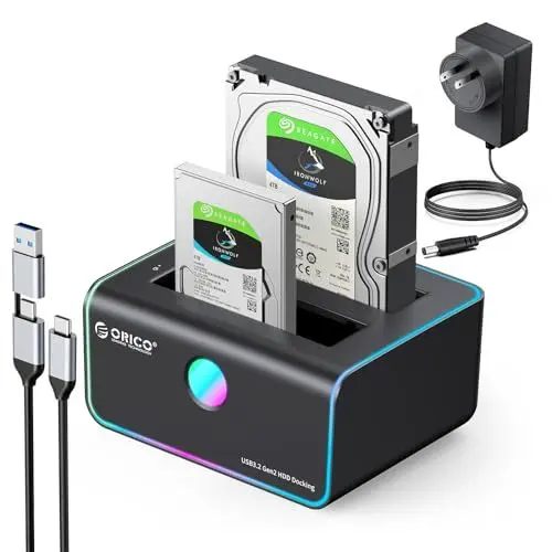 Produktbild: ORICO Festplatten Docking Station RGB, USB 3.2 Gen2 Festplatten Klonstation für 2,5 & 3,5 Zoll SATA HDD SSD, Unterstützt Offline Klonfunktion und UASP,2 x 18 TB (8828C3-C)