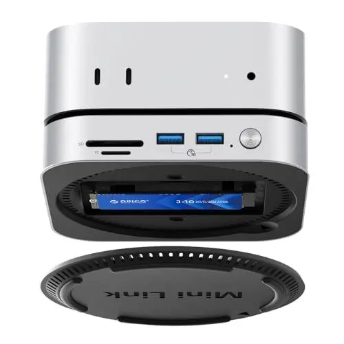 Produktbild: ORICO MiniLink Mac mini M4 Dock & Stand, Aluminium USB C Hub mit SSD Gehäuse für M.2 NVMe/SATA, 2 USB 3.2 10Gbps, SD/TF 3.0, Silber Dock für Mac mini M4 /M4 Pro- M49P