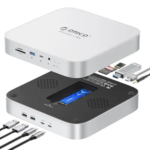 Produktbild: ORICO StudioLink Hub, Mac mini Dock mit M.2 SSD Gehäuse für NVME & SATA, USB A/C 3.2, 2 USB A 2.0, SD/TF Anschlüsse, 3.5mm AUX, 5V Stromanschluss, für Mac mini M1 M2 MC7P