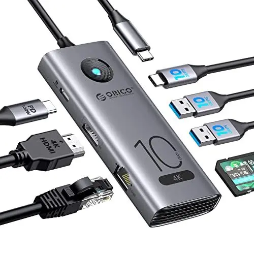 Produktbild: ORICO USB C Docking Station, 8 in 1 10 Gbps USB C HUB mit 10G USB 3.2 (gen 2) USB-C und USB-A Datenanschlüssen, 4K@60Hz HDMI, 100W PD Aufladung, SD TF Kartenleser, RJ45 für Windows, Mac…
