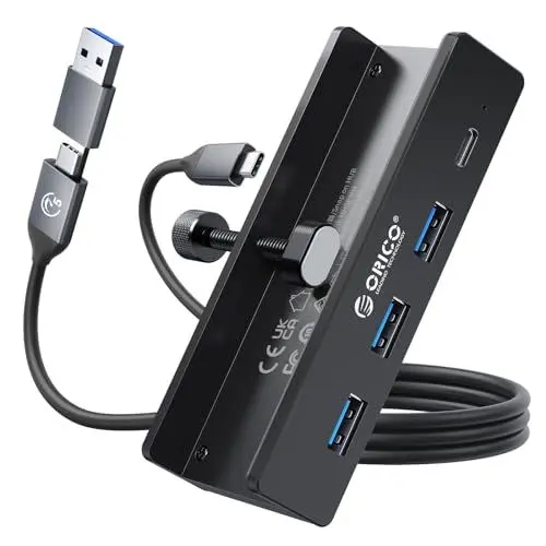 Produktbild: ORICO USB Hub, Aluminum USB 3.0 Hub Clip mit 5V Stromversorgungsanschluss, 5Gbps 4 Port USB Verteiler mit 3 USB-A 3.0 und 1 USB-C 3.0, 100cm Kabel (C auf A/C), für Monitoren, Schreibtischen